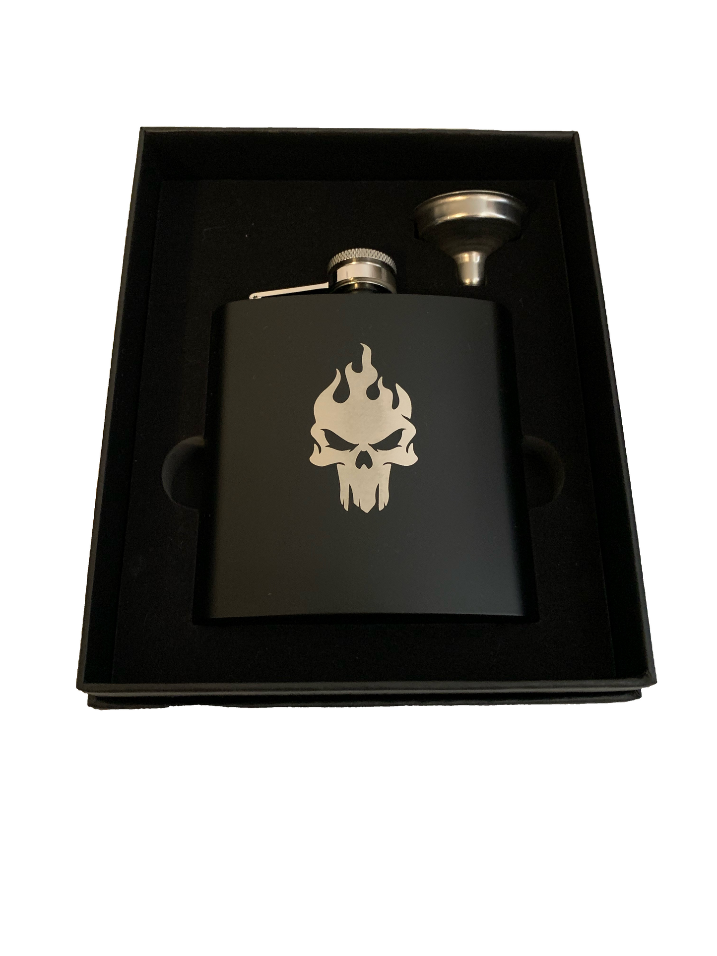 6 oz. Matte Black Fire Skull Flask Set in Black Presentation Box