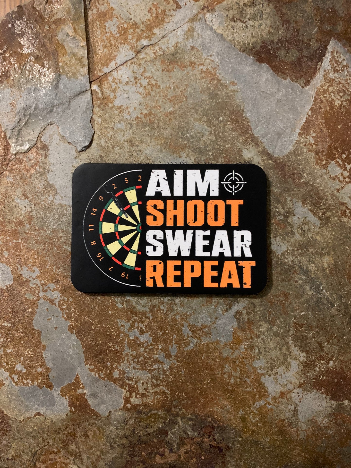 GOOD TIME Concepts Aim, Shoot, Swear, Repeat Dart DTF - VELPATCH 3" x 2" inch Hook Backed Patch