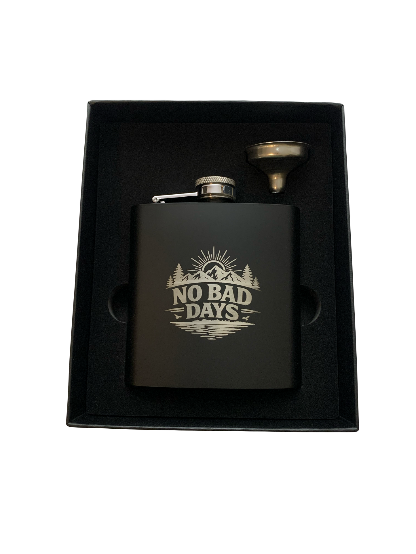 6 oz. Matte Black No Bad Days Flask Set in Black Presentation Box