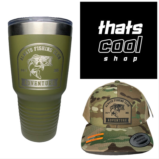 Always Fishing Club Trucker Hat and 30 oz. Always Fishing Club Polar Camel Olive Green Ringneck Vacuum Insulated Tumbler w/Lid & Silver Ring by Nature Bound Outdoor