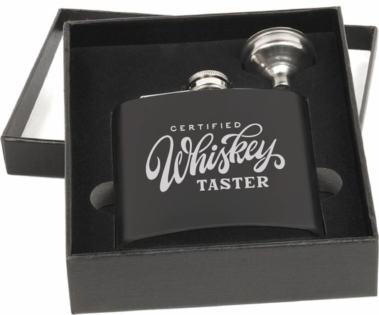 6 oz. Matte Black Certified Whiskey Taster Flask Set in Black Presentation Box