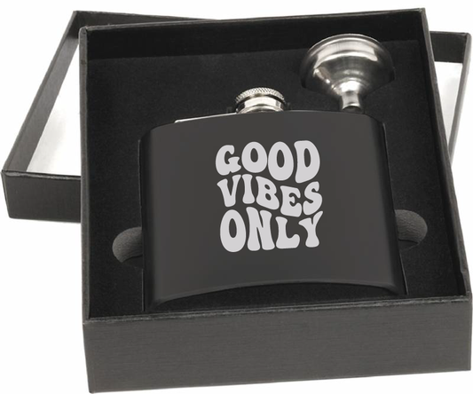 6 oz. Matte Black Good Vibes Only Flask Set in Black Presentation Box