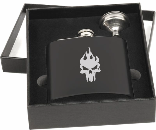 6 oz. Matte Black Fire Skull Flask Set in Black Presentation Box