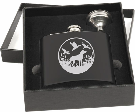 6 oz. Matte Black Duck Hunting Flask Set in Black Presentation Box