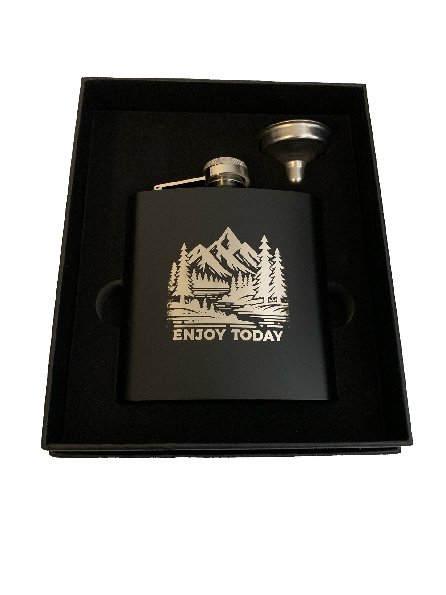 6 oz. Matte Black Enjoy Today Flask Set in Black Presentation Box