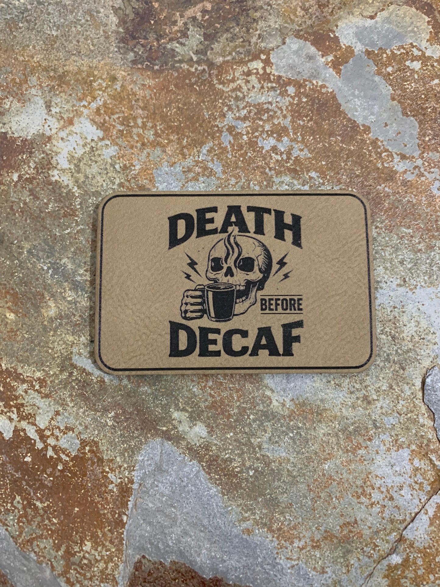 Death Before Decaf - VELPATCH 3" x 2" inch Hook Backed Patch