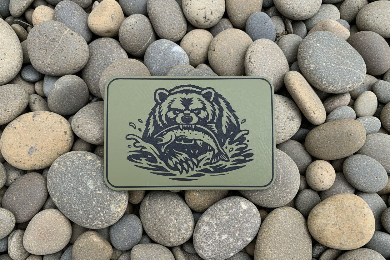 Nature Bound Outdoor Bear With A Fish - VELPATCH 3" x 2" inch Hook Backed Patch