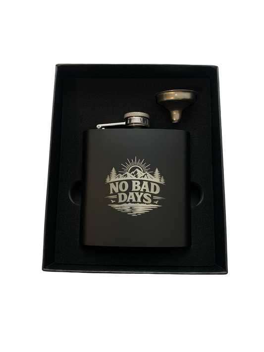 6 oz. Matte Black No Bad Days Flask Set in Black Presentation Box