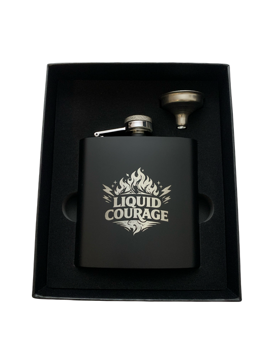 6 oz. Matte Black Liquid Courage Flask Set in Black Presentation Box